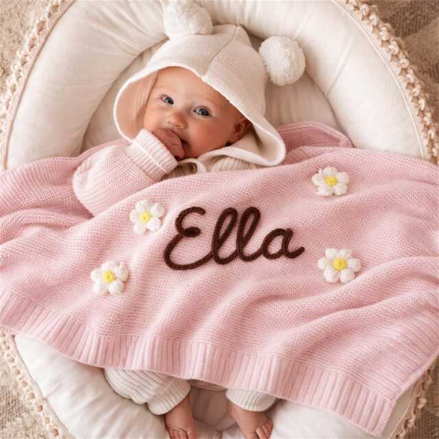 Personalized Hand-Embroidered Organic Cotton Baby Blanket, Newborn Keepsake Gift - image 1