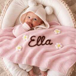 Personalized Hand-Embroidered Organic Cotton Baby Blanket, Newborn Keepsake Gift