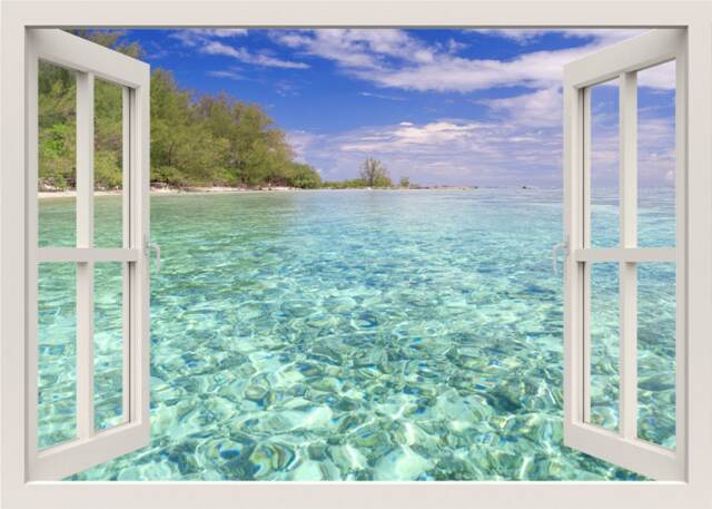 Tropic Sea View, Wall Mural, Sticker, Tropical Shore 3D Window View Bedroom Living Room Decor