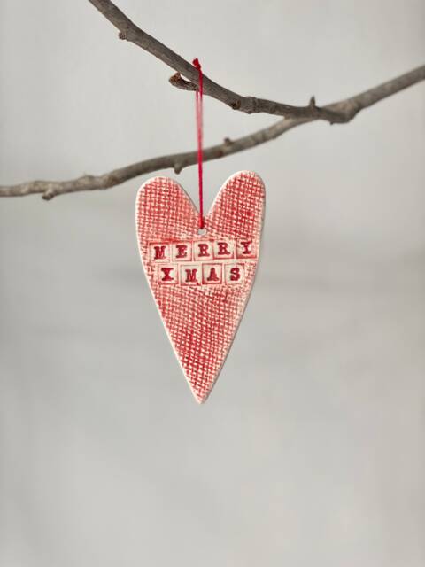 Red Ceramic Christmas Heart Ornament Handmade Pottery Decoration - image 1