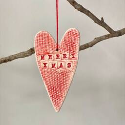 Red Ceramic Christmas Heart Ornament Handmade Pottery Decoration - thumbnail 3