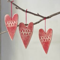 Red Ceramic Christmas Heart Ornament Handmade Pottery Decoration - thumbnail 2