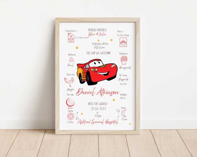 Personalised The Day You Were Born Lighting Mcqueen Birth Print, Dumbo Nursery Decor, Gift New Baby Wall - image 1