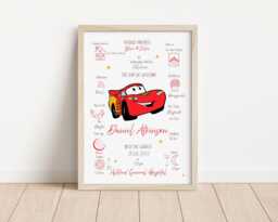 Personalised The Day You Were Born Lighting Mcqueen Birth Print, Dumbo Nursery Decor, Gift New Baby Wall - thumbnail 1