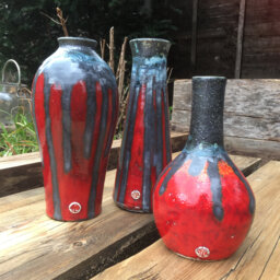 Red Ceramic Vase, Urn Pot With Black Textured Lava Glaze Feature - thumbnail 1