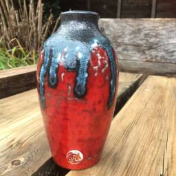 Red Ceramic Vase, Urn Pot With Black Textured Lava Glaze Feature - thumbnail 2