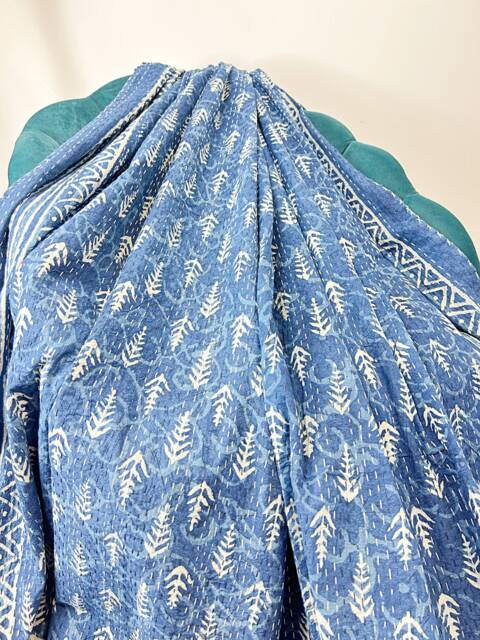 Kantha Stitch Pure Cotton Reversible Bed/Sofa Throw King Size Handmade Dohar - White Indigo Blue Geometric Statement Pattern Chevron Border - image 1