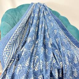 Kantha Stitch Pure Cotton Reversible Bed/Sofa Throw King Size Handmade Dohar - White Indigo Blue Geometric Statement Pattern Chevron Border - thumbnail 3
