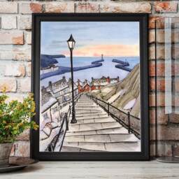 199 Steps Whitby, England Winter Watercolor Giclee Fine Art Print - thumbnail 3