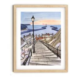 199 Steps Whitby, England Winter Watercolor Giclee Fine Art Print - thumbnail 1