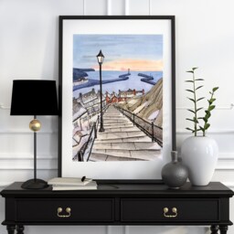 199 Steps Whitby, England Winter Watercolor Giclee Fine Art Print - thumbnail 2