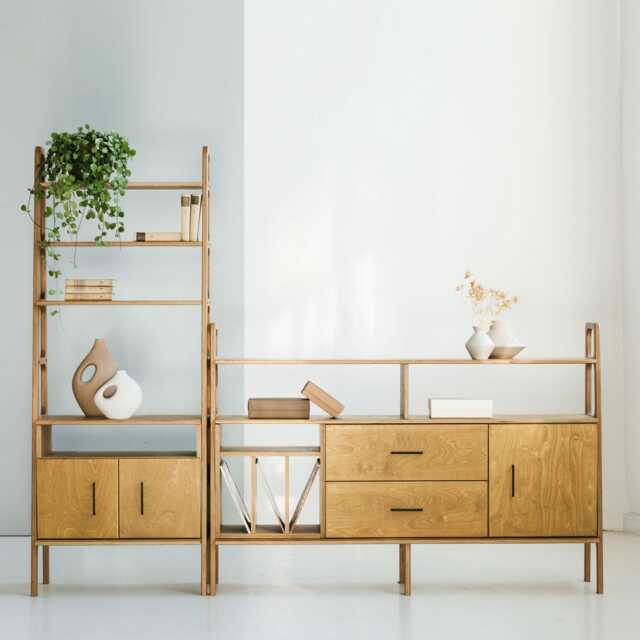 Living Room Wall Unit Set, Tall Bookcase With Open Cabinet & Low Media Sideboard 166 cm Vinyl Storage, Mid Century Modern - image 1