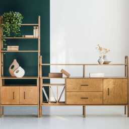 Living Room Wall Unit Set, Tall Bookcase With Open Cabinet & Low Media Sideboard 166 cm Vinyl Storage, Mid Century Modern - thumbnail 3