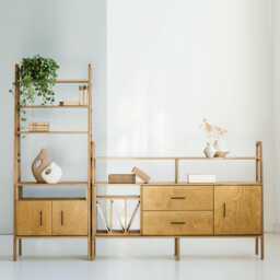 Living Room Wall Unit Set, Tall Bookcase With Open Cabinet & Low Media Sideboard 166 cm Vinyl Storage, Mid Century Modern - thumbnail 1