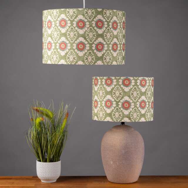 Mandala Motif Linen Print Lampshade. Indian Block-Print Floral in Green & Orange. Cylinder Style Shade. 30cm & 40cm Sizes Available - image 1