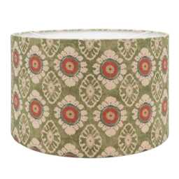 Mandala Motif Linen Print Lampshade. Indian Block-Print Floral in Green & Orange. Cylinder Style Shade. 30cm & 40cm Sizes Available - thumbnail 2