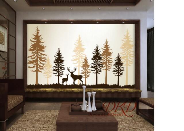 Forest Landscape Vinyl Wall Decal, Deer & Pine Trees, Nursery Wall Art - image 1