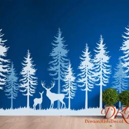 Forest Landscape Vinyl Wall Decal, Deer & Pine Trees, Nursery Wall Art - thumbnail 2