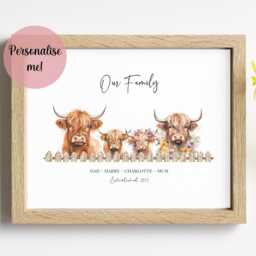 Highland Cow Family Print - Personalised Our Name Print, Rustic Farmhouse Wall Art, Mother's Day Gift, Country Home Decor, Birthday - thumbnail 1