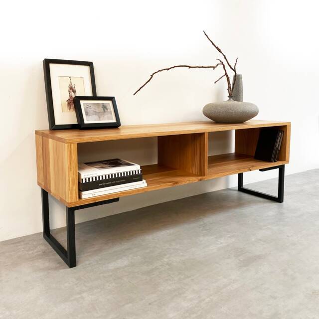 "Large Tv Stand Or Coffee Table With Storage On Minimalist Square Frame Legs, Solid Premium Oak ""Henley" - image 1