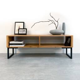 "Large Tv Stand Or Coffee Table With Storage On Minimalist Square Frame Legs, Solid Premium Oak ""Henley" - thumbnail 2