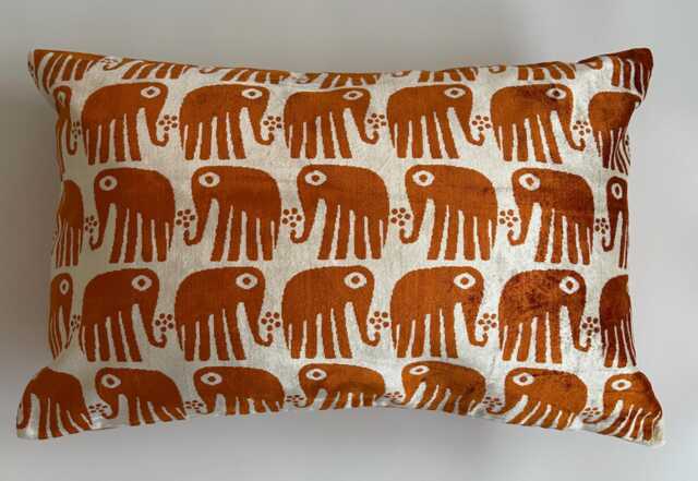 Silk Velvet Cushion Cover, Saffron Elephant Cushion, Turkish Italian Jacquard Pillow, Ikat Decorative Pillow 24''x16''/60x40 cm - image 1