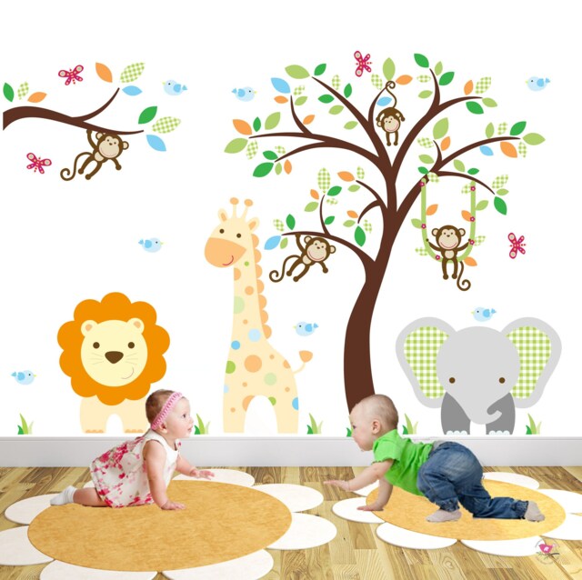 Large Safari Wall Stickers, Jungle Animal Nursery, Gender Neutral Baby Decor, Monkey Branch, Giraffe, Elephant, Lion, African Tree Mural - image 1