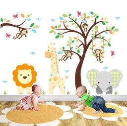 Large Safari Wall Stickers, Jungle Animal Nursery, Gender Neutral Baby Decor, Monkey Branch, Giraffe, Elephant, Lion, African Tree Mural - thumbnail 1