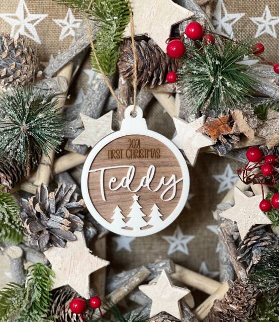 Personalised Baby's First Christmas Ornament, Walnut Wood Bauble Gift - 2025 - Order By 12Noon Friday 19Th For Xmas Delivery - image 1