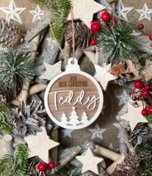 Personalised Baby's First Christmas Ornament, Walnut Wood Bauble Gift - 2025 - Order By 12Noon Friday 19Th For Xmas Delivery - thumbnail 1