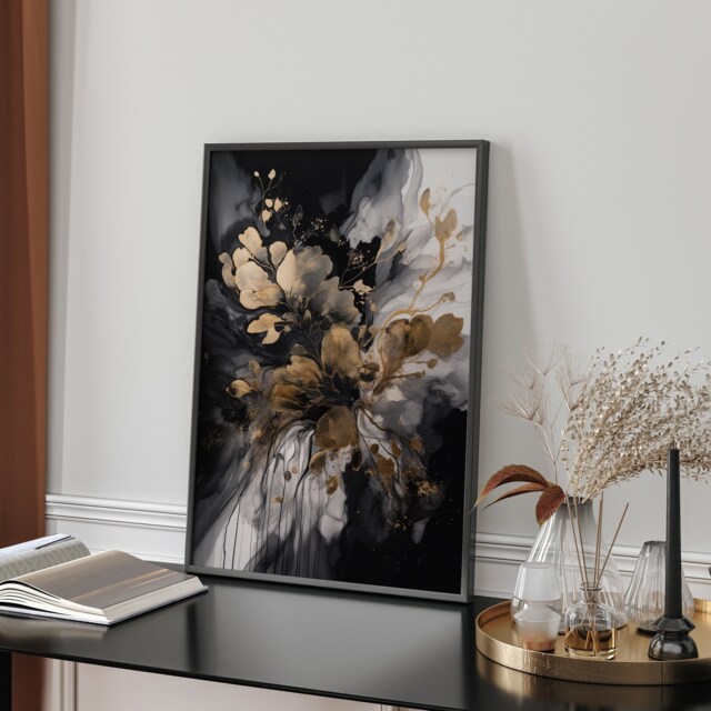 Black & Gold Melted Ink Flowers Wall Art Print - And - image 1
