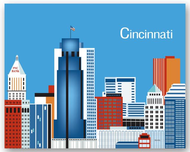 Cincinnati Skyline Print, Ohio Wall Art, Horizontal Gift, Decor, Art - Style E8-O-Ci - image 1