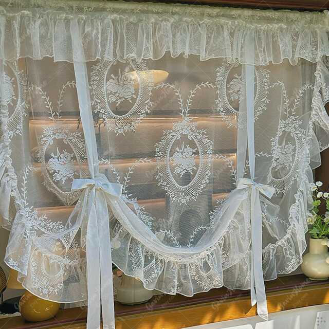 White Floral Embroidered Sheer Curtain French Style Tie-Up Drape - image 1