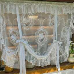 White Floral Embroidered Sheer Curtain French Style Tie-Up Drape - thumbnail 1