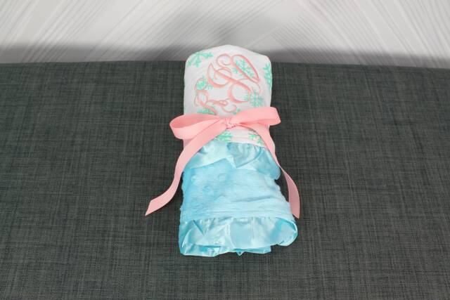 Monogrammed Baby Ruffle Minky Blanket Light Pink & Lime Chevron - image 1