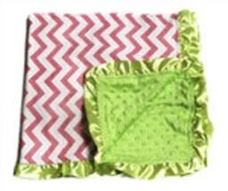 Monogrammed Baby Ruffle Minky Blanket Light Pink & Lime Chevron - thumbnail 3