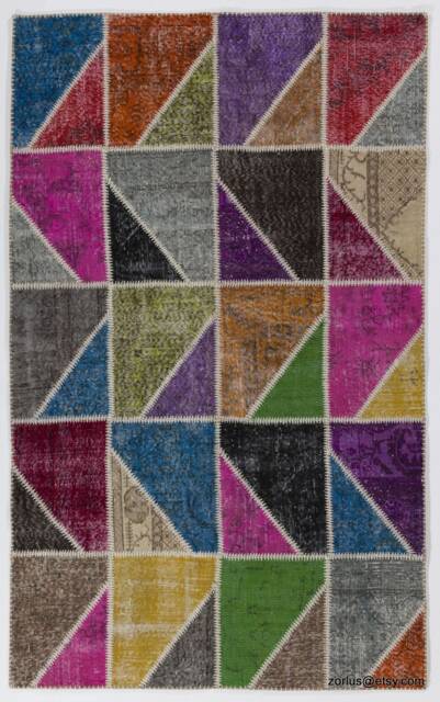 5' X 8' Multicolor Handmade Turkish Patchwork Rug, Bright Colors, Triangular Patches - image 1