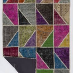 5' X 8' Multicolor Handmade Turkish Patchwork Rug, Bright Colors, Triangular Patches - thumbnail 2