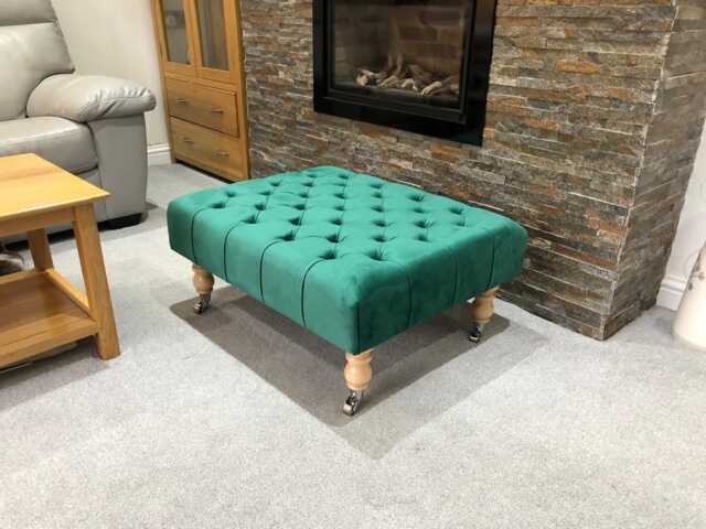 Mid-Century Chesterfield Plush Velvet Ottoman - Tufted Footstool, Wooden Castor Legs - image 1