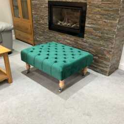 Mid-Century Chesterfield Plush Velvet Ottoman - Tufted Footstool, Wooden Castor Legs - thumbnail 2