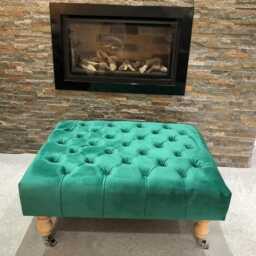 Mid-Century Chesterfield Plush Velvet Ottoman - Tufted Footstool, Wooden Castor Legs - thumbnail 3