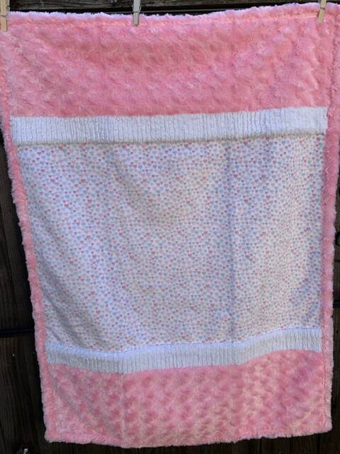 Handmade Modern Baby Minky Blanket Gray, Pink & White Hearts - image 1