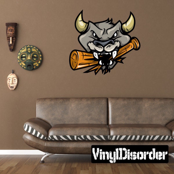 Bull Breaking Bat Baseball Mascot Wall Decal - Fabric Vinyl Removable & Reusable Baseballuscolor004Et