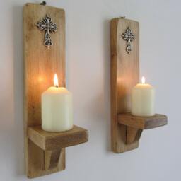 Pair Of Church/Gothic Style Wall Sconce Candle Holders With Antique Silver Cross Crucifix Decoration , Various Sizes Available - thumbnail 2