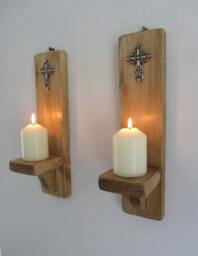 Pair Of Church/Gothic Style Wall Sconce Candle Holders With Antique Silver Cross Crucifix Decoration , Various Sizes Available - thumbnail 1
