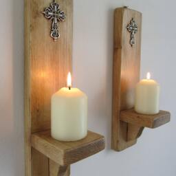 Pair Of Church/Gothic Style Wall Sconce Candle Holders With Antique Silver Cross Crucifix Decoration , Various Sizes Available - thumbnail 3