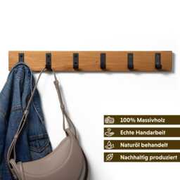 Oak Wall Coat Rack With Black Metal Hooks - 40/60/80 cm Solid Wood For Hallway & Entrance Area - thumbnail 3