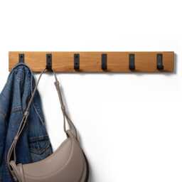 Oak Wall-Mounted Coat Rack With Black Metal Hooks - Rail 40/60/80 cm Solid Wood For Hallway & Entrance Area