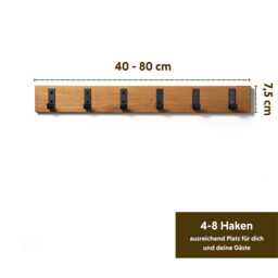 Oak Wall Coat Rack With Black Metal Hooks - 40/60/80 cm Solid Wood For Hallway & Entrance Area - thumbnail 2