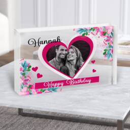 Pink Floral Heart Photo Frame Birthday Gift Personalised Clear Acrylic Block - Gift, Keepsake Custom